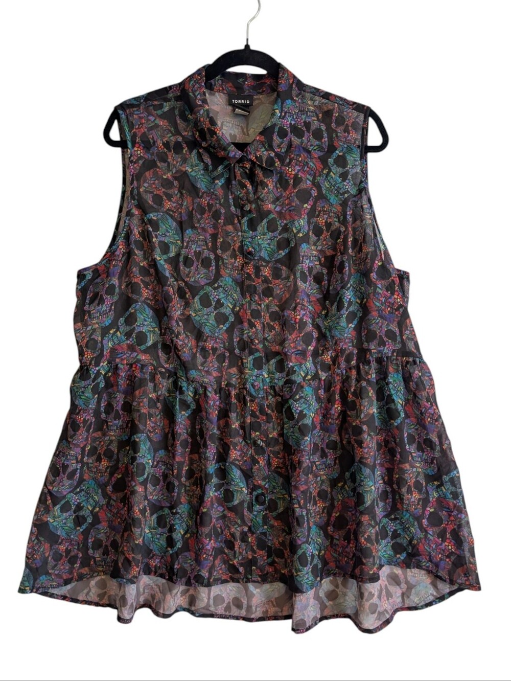 Torrid Sleeveless Sheer Skull Black Blouse Button Down Shirt Goth Plus Size 2